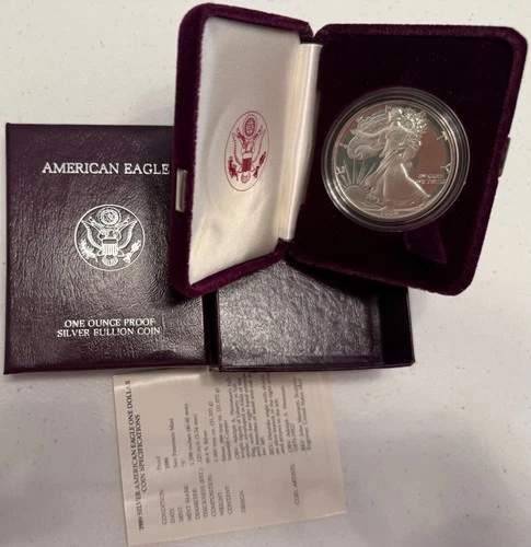 1989-S brilliant gem PROOF American SILVER EAGLE with case, box & COA. Pf ASE