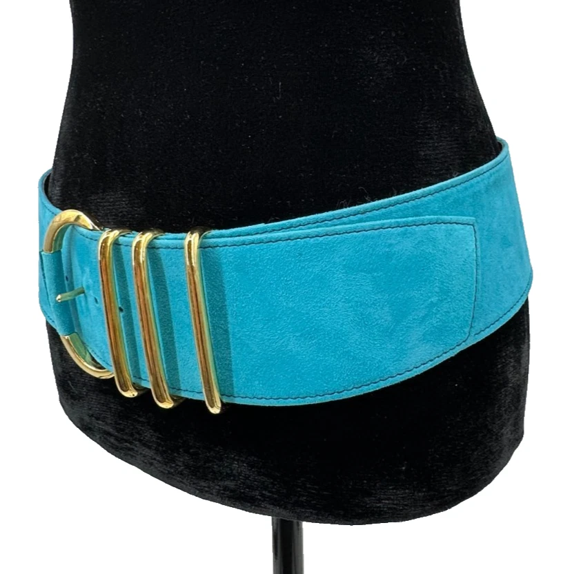 Escada Womens Wide Blue Suede Leather Contoured Waist Belt One Size Italy - Image 3 of 4
