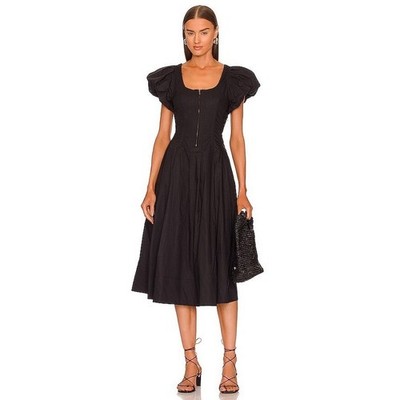 Ulla Johnson Midi Dress 6 Black Puff Sleeve Zip Cotton Poplin 2022 Luxury $475