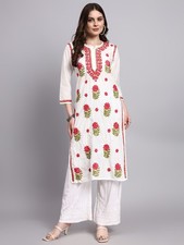 Women White Chanderi Kurti with Chikankari Embroidery