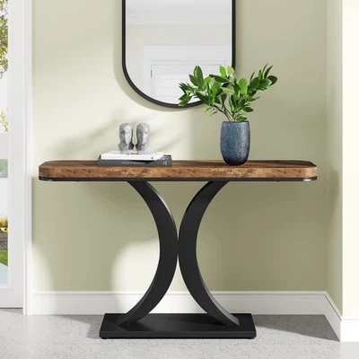 TRIBESIGNS Industrial Console Table, 100 cm Narrow Entryway Foyer Table with Geometric Base