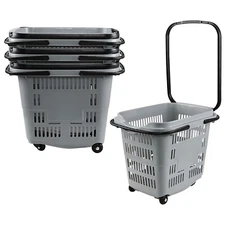 Idotry 4 Pack Plastic Shopping Basket Rolling Laundry Basket with Handle & Wheel