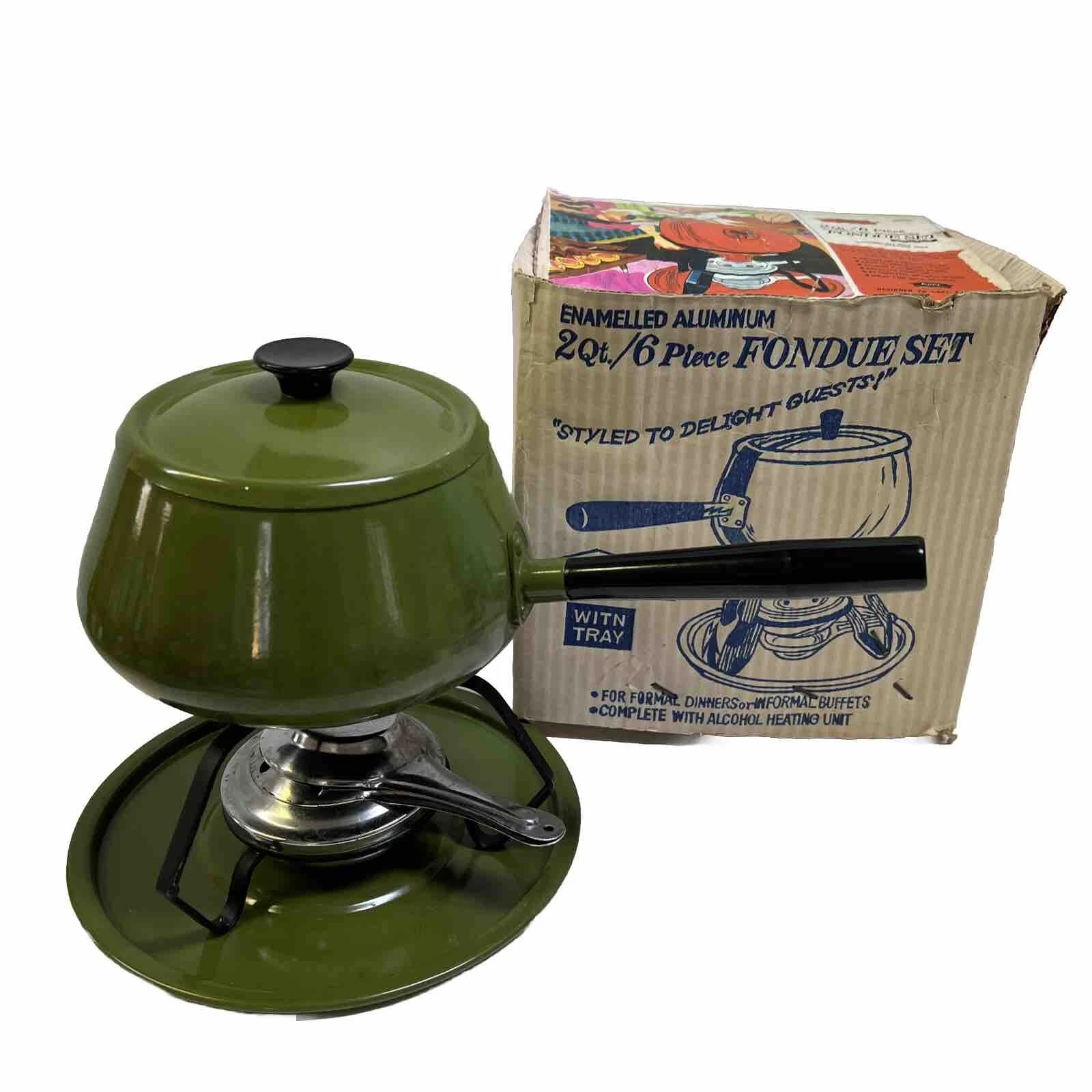 MCM Fondue Set Avocado Green 6 Pc Pot Lid Tray Stand Warmer Cover Original Box