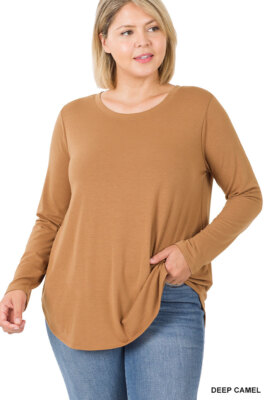 1X 2X 3X Round Neck Long Sleeve Shirt Round Hem Relaxed Fit Rayon Top Tunic