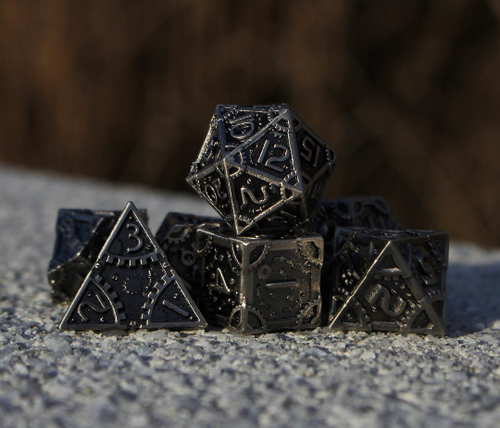 Dragon's Steampunk Silver - 7 Piece Metal Polyhedral Tabletop RPG DND Dice Set - Picture 6 of 9