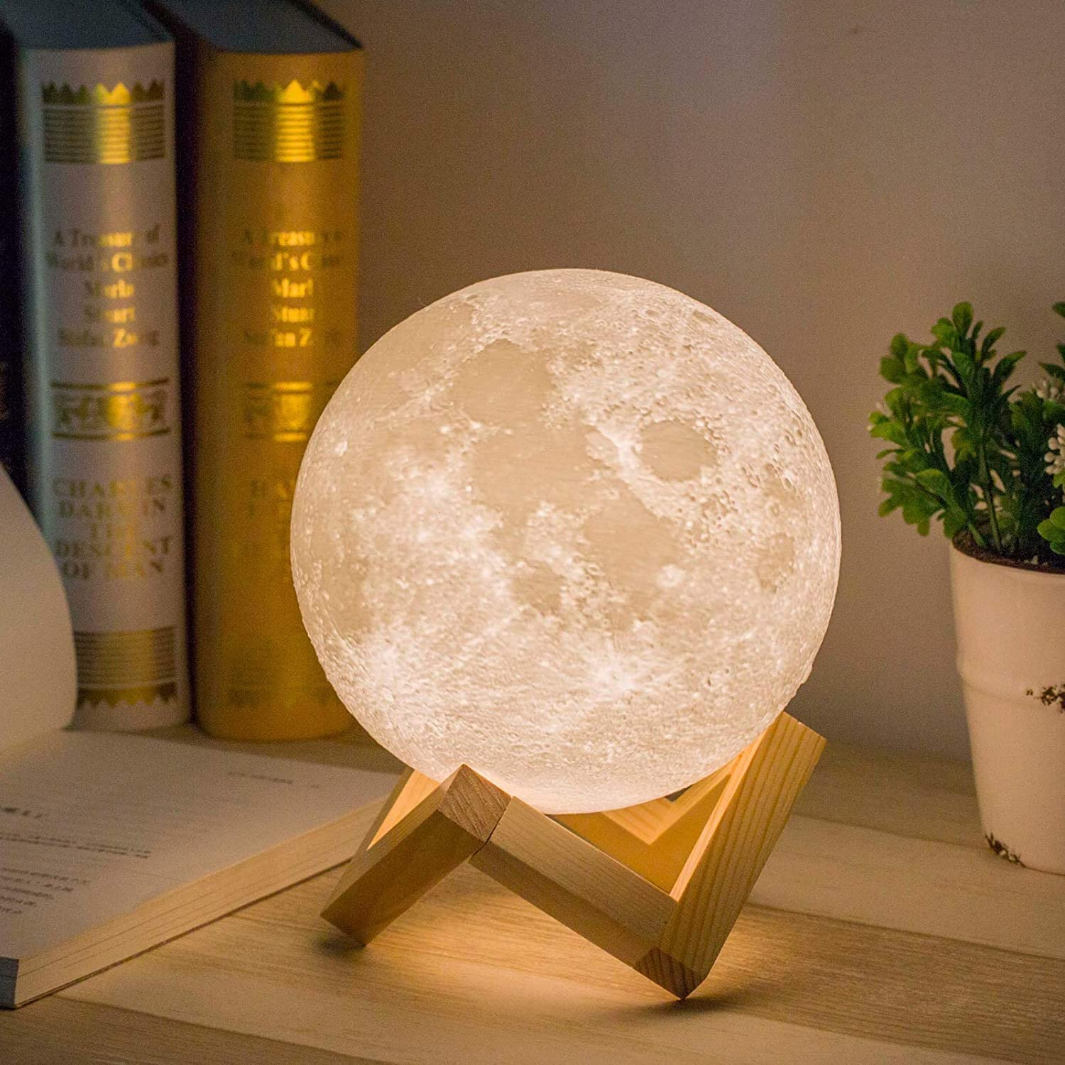 3D Moon Lamp with 5.9 Inch Wooden Base - Christmas Day Gift, LED Night Light, Mo