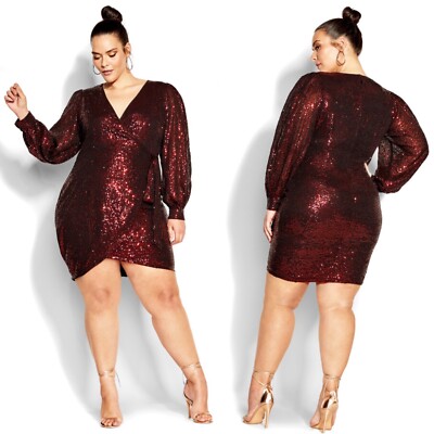 NWT CITY CHIC Plus Size SEQUIN Nadia CLARET Puff Sleeve FAUX WRAP DRESS XL  / 22 | eBay