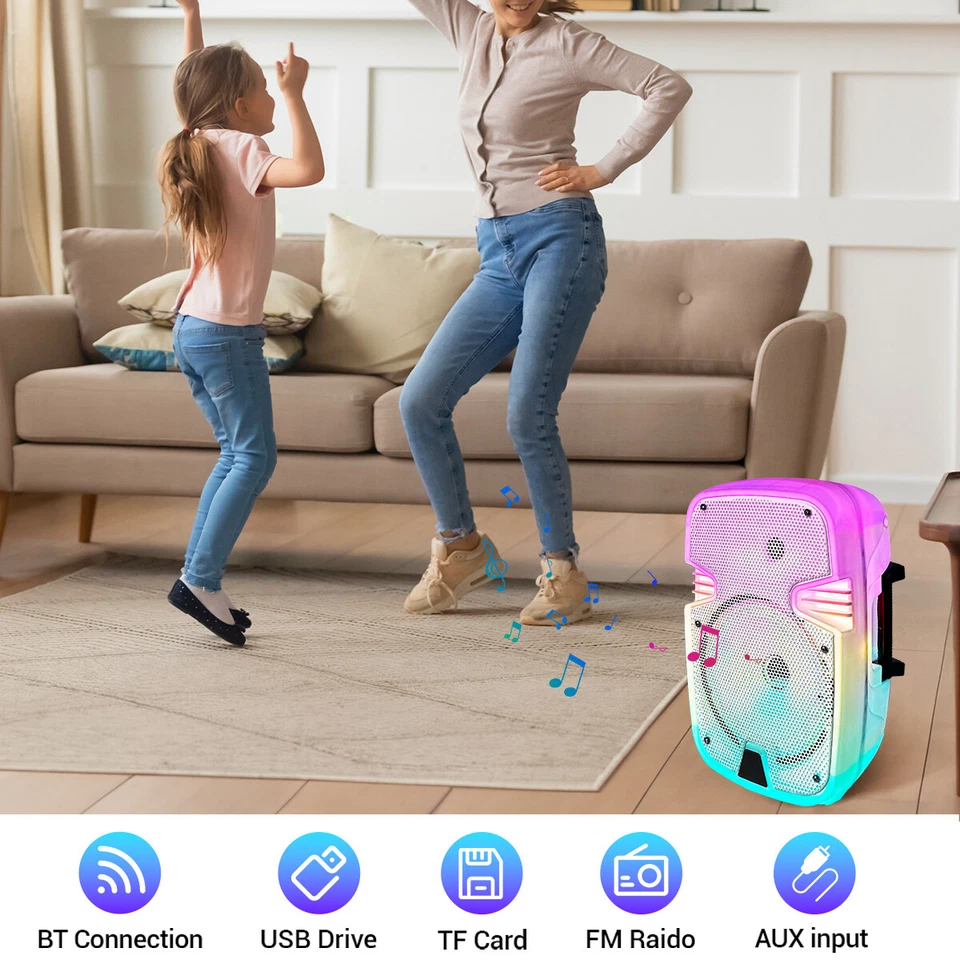 8“ White Portable Bluetooth PA Karaoke Speaker USB/SD/FM/AUX with Mic and Stand - Image 2 of 4