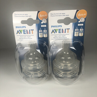 2 Philips Avent Anti-Colic Fast Flow Nipple 6 Months+ BPA Free Clear 2ct Nipples