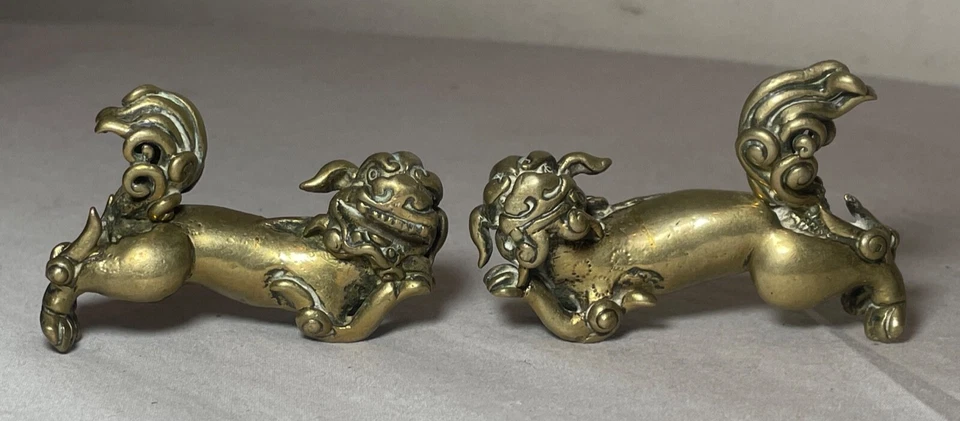 Par de figuras raras antiguas chinas de bronce macizo de foo león estatuas figuras Foto 2 de 4