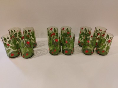 4pc 4.75'' Anchor Hocking Green Holiday Drinking Glasses Mistletoe Design