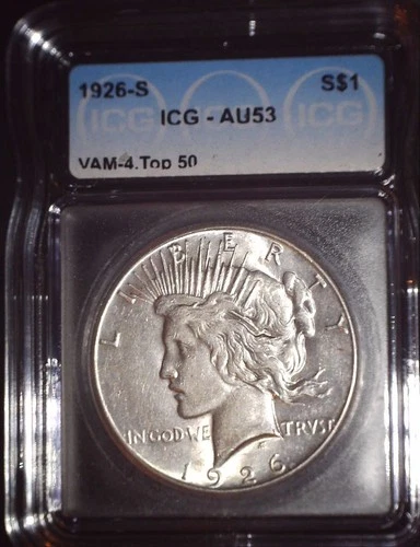 1926-S Peace Silver Dollar, ICG AU53. VAM 4 TOP 50, and Issue Free