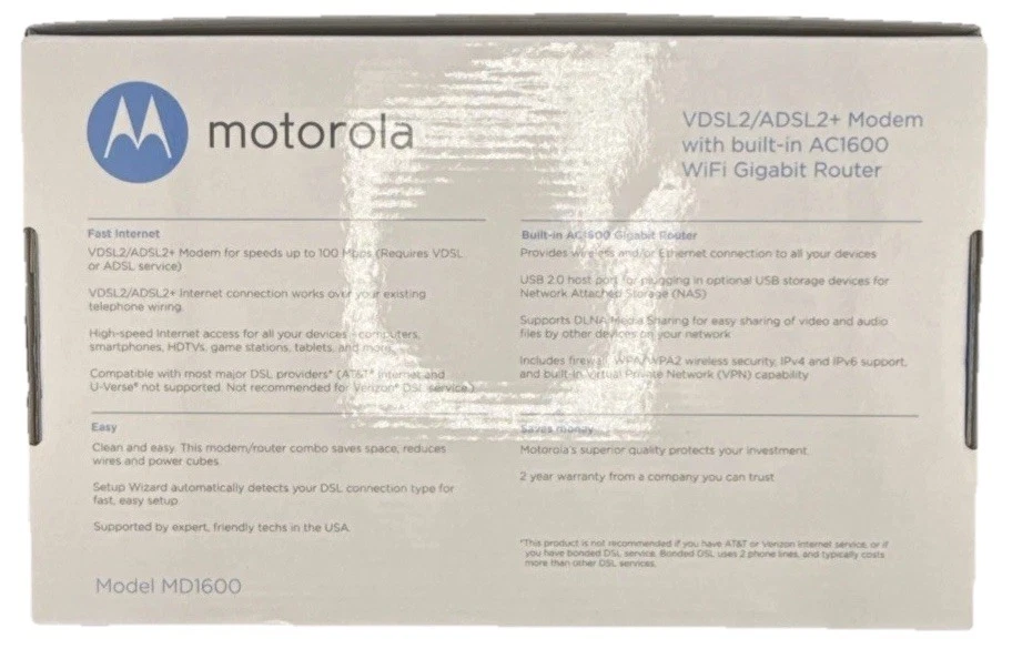 Motorola MD1600 VDSL2/ADSL2+ Modem and AC1600 WiFi Gigabit Router - Black - Image 4 of 4