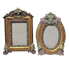 2 vtg Mini Photo Picture Framed Jeweled Small Brown Ceramic/Resin & Glass- READ