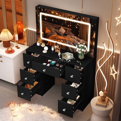Vanity Makeup Desk with LED Lighted Mirror and 7 Drawers Dressing Table  Black | eBay