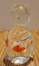 Vintage Art Glass Cat Paperweights 6-inch with Fish in Belly Design (Figurine)