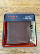 Dockers Men's LEATHER Bifold SLIMFOLD Wallet Zipper Bill RFID Photo ID Brown