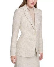 Calvin Klein Petite Patch-Pocket Tonal Tweed Blazer Womens 8P Nomad Multi Button