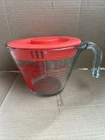 Vintage Pyrex 4 Cup Open Handle Red Lettering Wide Mouth Measuring Cup w/ Lid