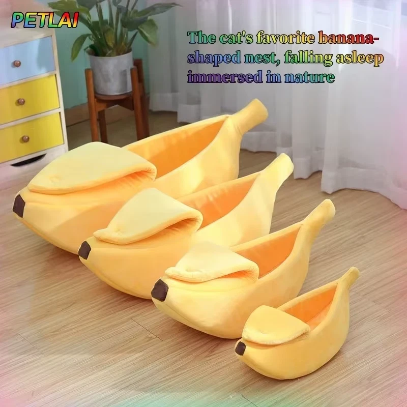 Banana Cat Bed Super Soft House Lovely Banana Boat Semi-Closed Warm Pet Bed