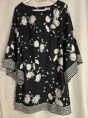 Wallis Brand Bell Sleeve Shift Dress Size 14 Black With Gold Floral Design