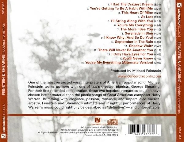 Michael Feinstein Und George Shearing Hopeless Romantics CD USA Concord 2005 - Bild 2 von 3