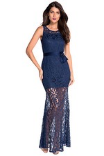 Navy Lace Satin Patchwork Party Maxi Dress Medium