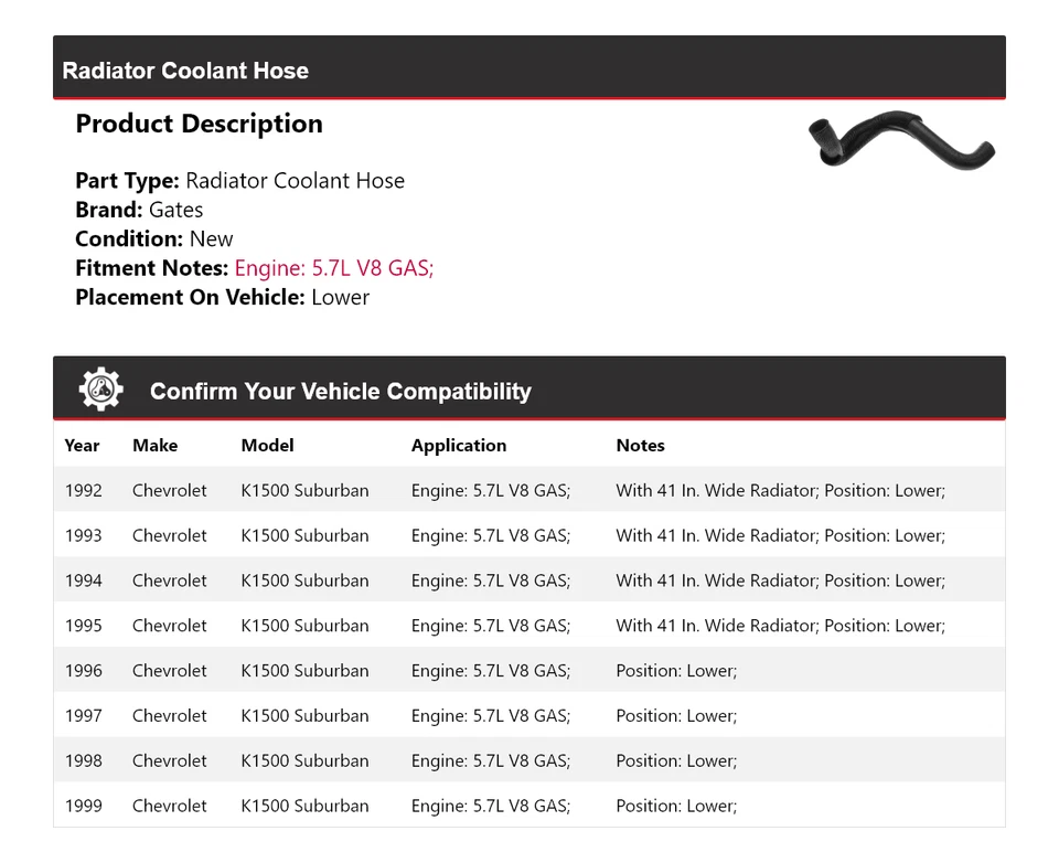 Manguera de refrigerante de radiador para Chevrolet K1500 Suburban 1992-1999 puertas inferiores 1993 Foto 2 de 4