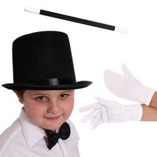 KIDS MAGICIAN FANCY DRESS COSTUME SET STOVEPIPE TOP HAT MAGIC WAND WHITE GLOVES