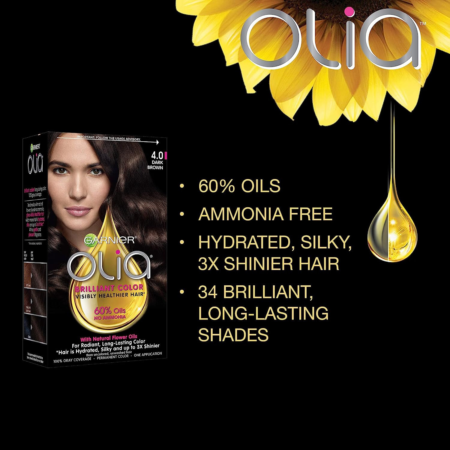 Garnier Olia Ammonia-Free Brilliant Color Oil-Rich Permanent Hair Dye, 1.0 Black