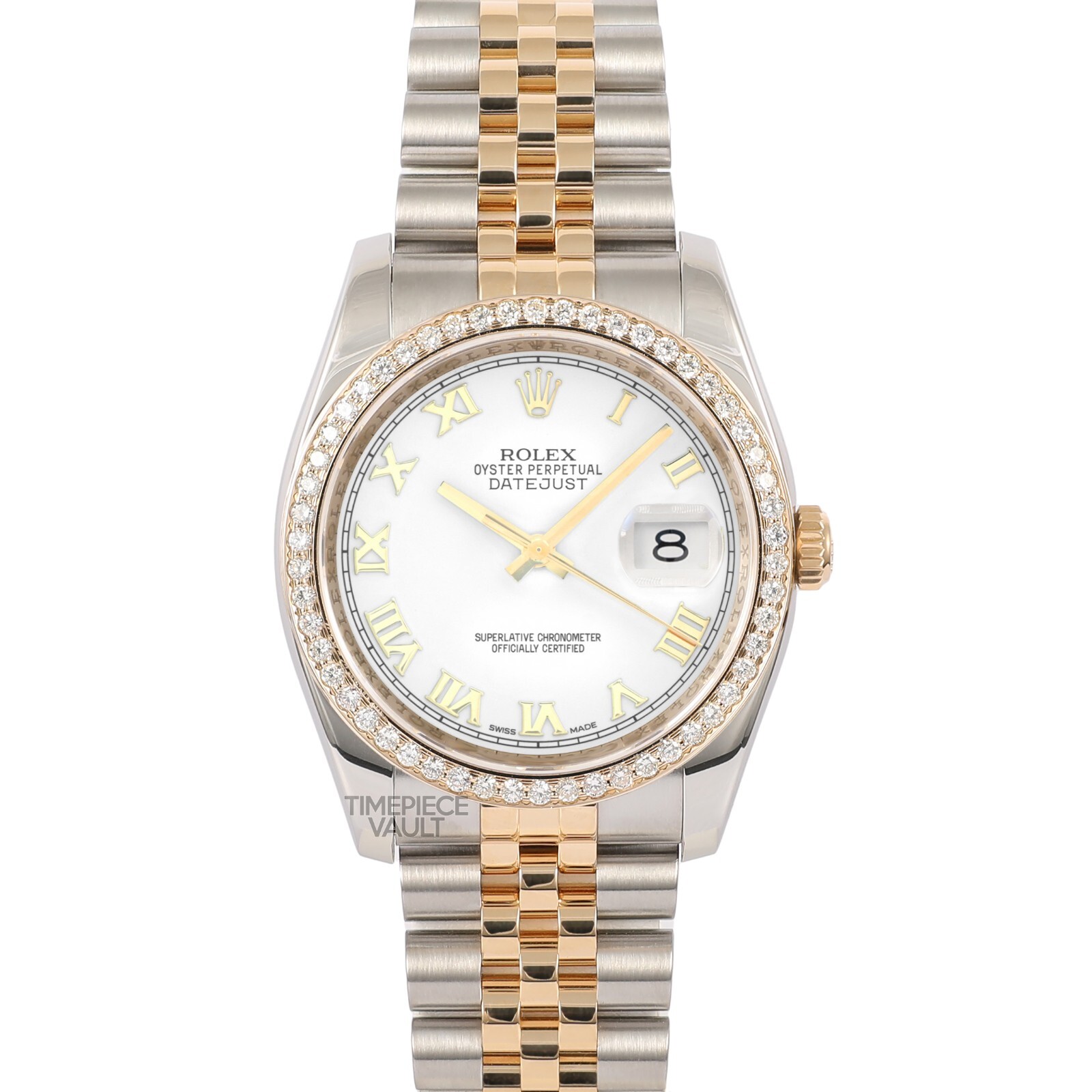 ROLEX MEN DATEJUST 116233 GOLD & STEEL 36MM WHITE ROMAN DIAL 18K DIAMOND BEZEL