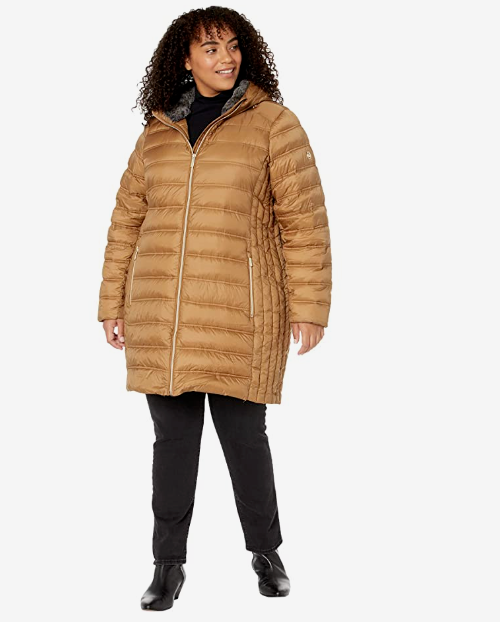 MICHAEL KORS Packable Down Coat Jacket with Hood Dark Camel Nylon
