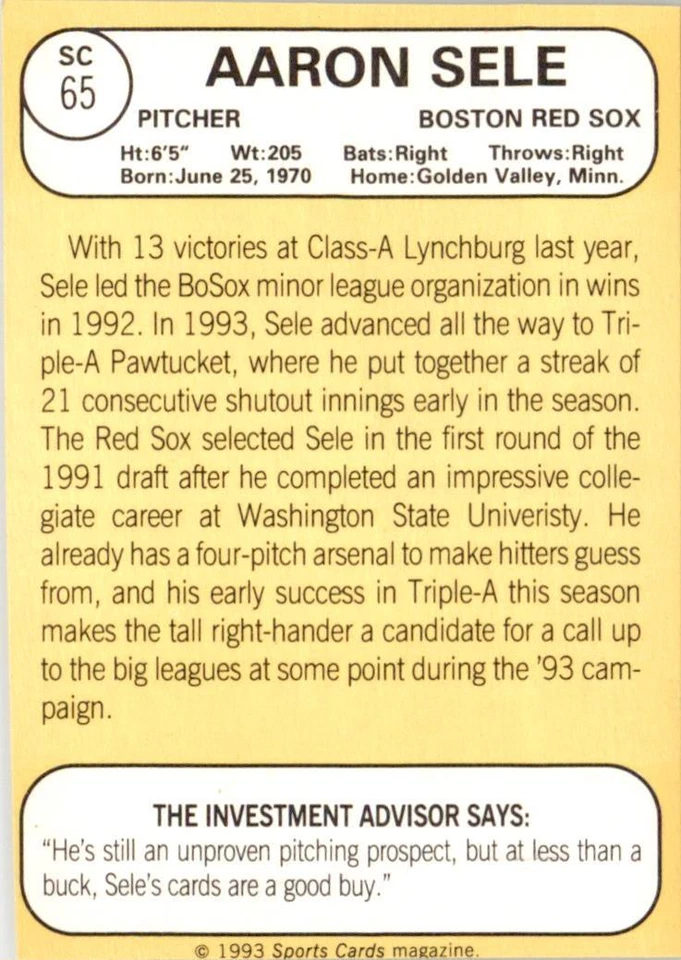 Revista de tarjetas de béisbol 1993 '68 estilo Topps #SC65 Aaron Sele Red Sox Foto 2 de 2