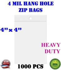 1000 - 4" x 4" Zip Seal Reclosable 4Mil Top Lock Bags Hang Hole Heavy Duty