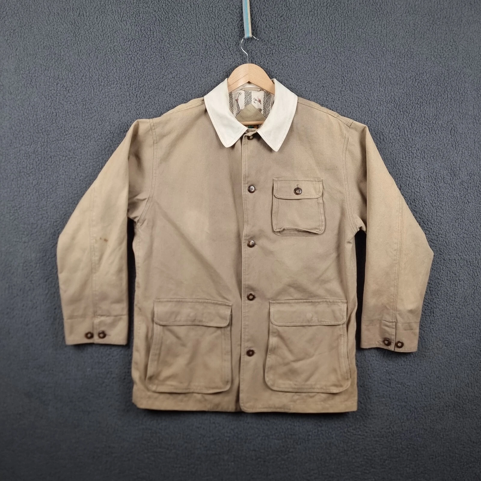 Vintage Barn Coat Jacket Mens M Khaki Workwear Chore Hunting Fishing Canvas 90s