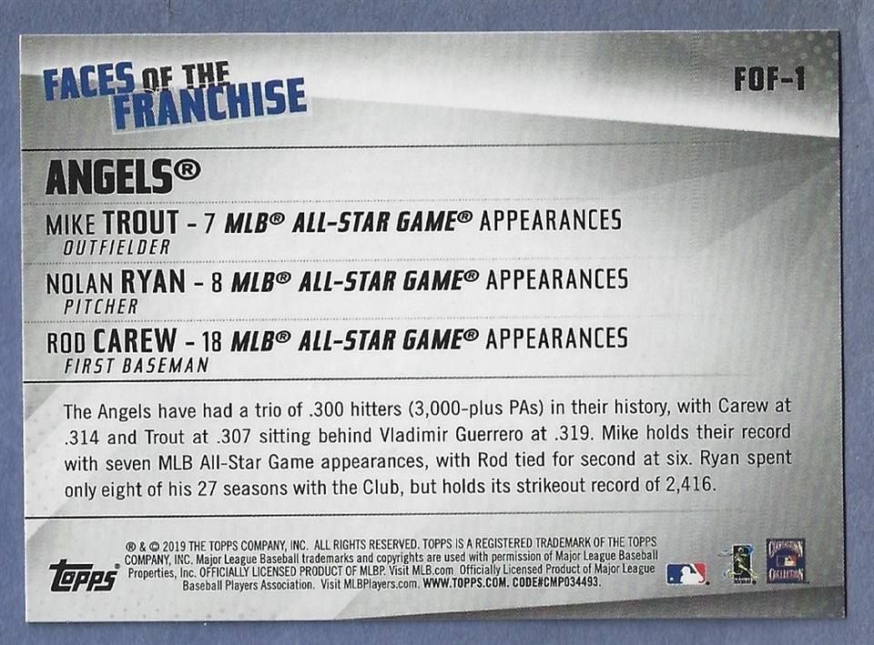 2019 Topps Faces of Franchise Trios #FOF-1 Mike Trout, Nolan Ryan, Carew Angels - Image 2 of 2