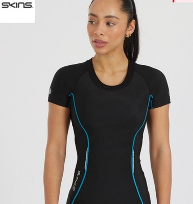 Skins Damen A200 Kompressions Kurzarm Oberteil Schwarz  Blau XS Laufen Fitness Yoga