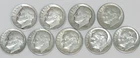 Nine Circulated 90% Silver Roosevelt Dimes 1950- 1959- NR!