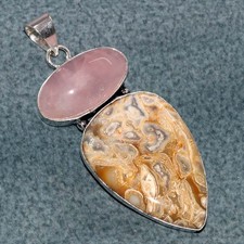 Ciondolo lungo roccia fossile quarzo rosa argento 925 placcato 2,4" più bello GW