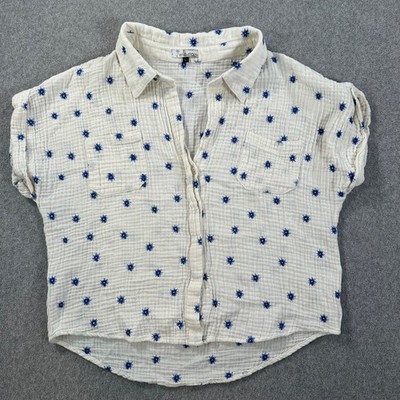 Wild Moss Embroidered Campshirt Women's Large Gauzy Blue Starburst Button Front