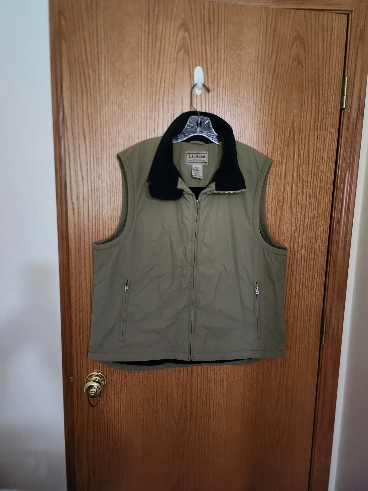 LL Bean Vest Fleece Lined Mens Large Beige Blue Windbreaker Outdoors Nylon