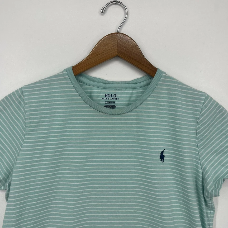 Polo Ralph Lauren T 恤女孩 L 码绿色条纹圆领小马标志 — 第 2/4 张图片
