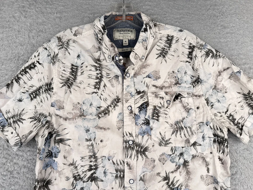 Camisa Report Collection Hombre Mediana Blanca Floral Algodón Calce Ajustado Hawaiana LEER Foto 4 de 4