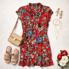 Women's City Streets Red Tropical Button Down Dress Short Sleeve Size Medium