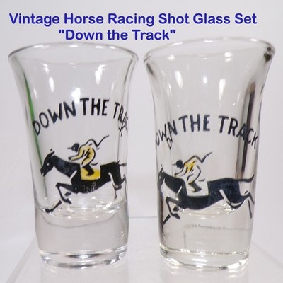 ''Down the Track'' Collectible Vintage 3''H Shot Glasses Lot/2 1950s Jockey Horse