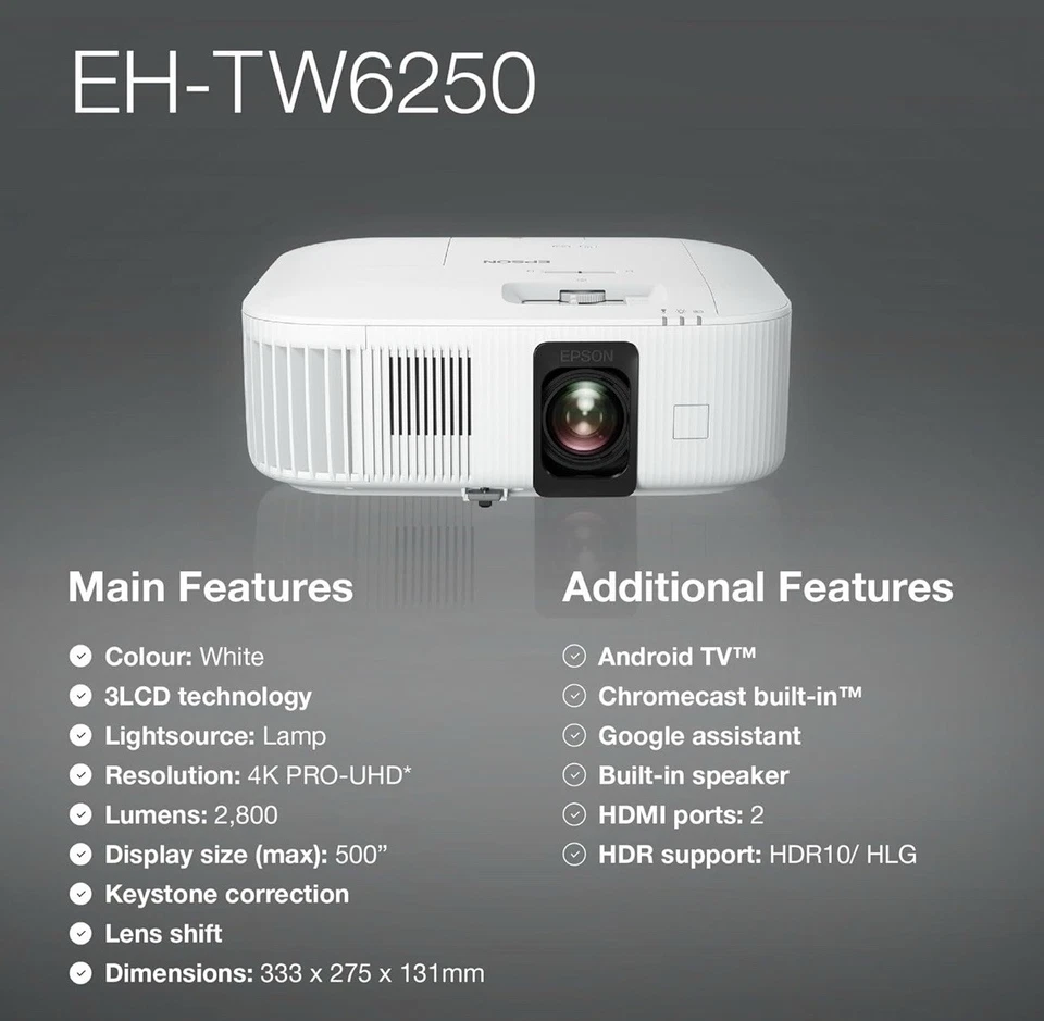 Epson EH-TW6250 4K Home Cinema Projector - White - Image 2 of 4
