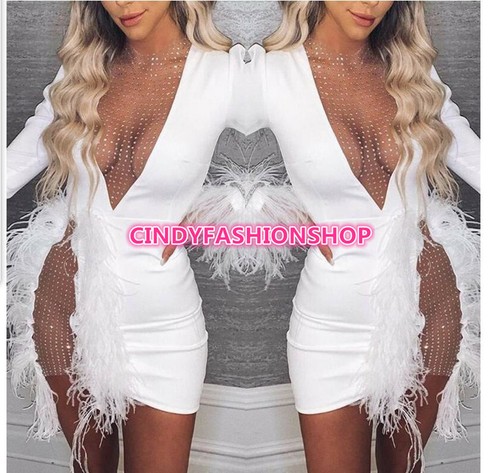 Women Long Sleeve Mesh Feather See Through Sexy Club Party Mini Dress #S19