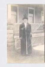 RPPC Real Photo Postcard Candid Portrait Woman #2 In Front Of Porch Great Hat An