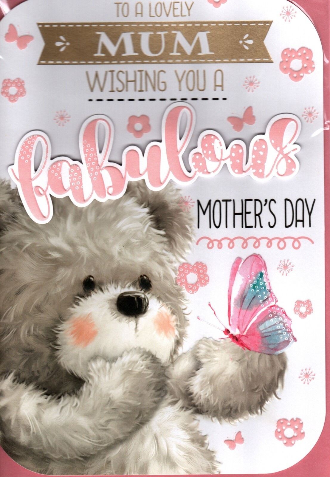 Happy Mother's Day Card - Lovely Mum - Cute Bear with Butterfly - Fabulous Day
