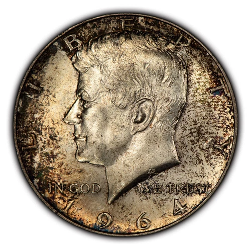1964 50c Kennedy Silver Half Dollar - Colorful Pattern Toning - BU - SKU-H2522